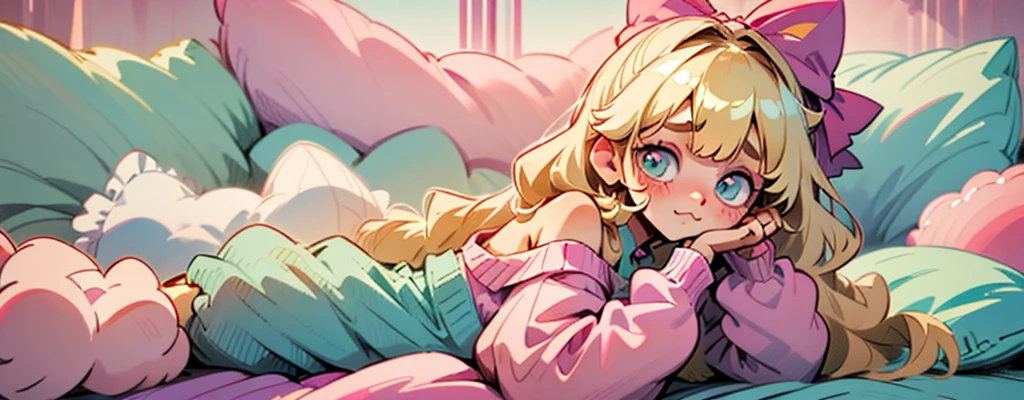 cute, happy, very long blonde hair, bangs, white bow in the back of hair, turquise eyes, big eyes, pink oversized off shoulder sweater, kawaii, comfy, white and pastel pink bedroom, lay down on bed, gamer, adorable, cuteness, shy, blush, closeup, twitter header, cozy, comfy, sleepy