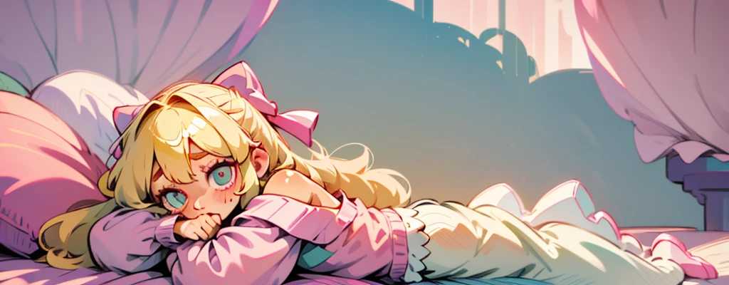 cute, happy, very long blonde hair, bangs, white bow in the back of hair, turquise eyes, big eyes, pink oversized off shoulder sweater, kawaii, comfy, white and pastel pink bedroom, lay down on bed, gamer, adorable, cuteness, shy, blush, closeup, twitter header, cozy, comfy, sleepy