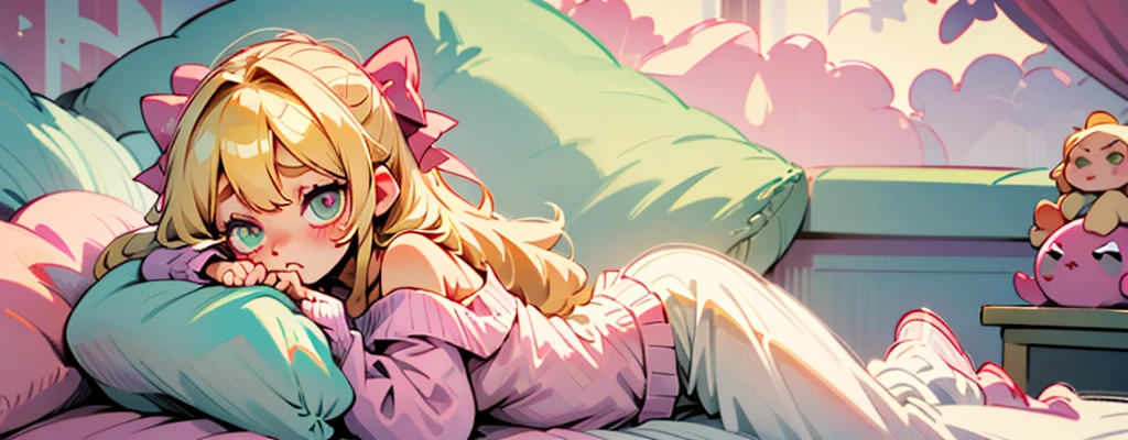 cute, happy, very long blonde hair, bangs, white bow in the back of hair, turquise eyes, big eyes, pink oversized off shoulder sweater, kawaii, comfy, white and pastel pink bedroom, lay down on bed, gamer, adorable, cuteness, shy, blush, closeup, twitter header, cozy, comfy, sleepy