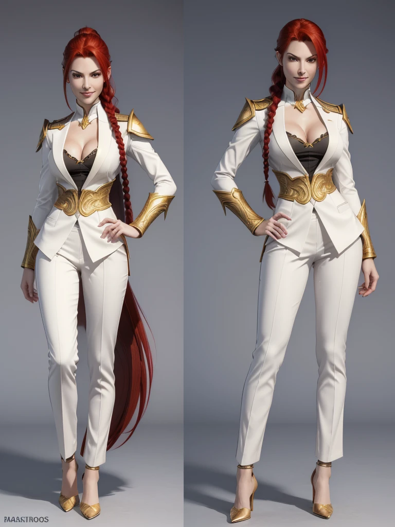 ((best quality)), ((4k)), ((highres)), ((masterpiece:1.2)). ((detailed)), ((ultra realistic)), ((intricate details)), ((full body picture)), ((character design sheet)), ((blank background)), ((standing in a blank background)), solo character, a full body shot of a sexy pale female, inhuman pale skin, pasty white skin, ((vampire pale skin))), ((ghostly pale skin like kratos from god of war)), redhead, ((vivid red hair)), SLEEK braided low ponytail, ((SLEEK braided low ponytail)), thin braid, slicked back hair, sexy and dangerous, evil smile on her face, ((evil smile)), about 30 years old, about 6'0 ft tall, athletic frame, character concept art, female executive, white blazer suit, white dress pants, work pants, white outfit with black details and gold adornments, ((predominantly white outfit)), ((showing cleavage)), gold office heels, ((GOLD HEELS)), fighting game character concept art, tekken character design, the king of fighters character concept