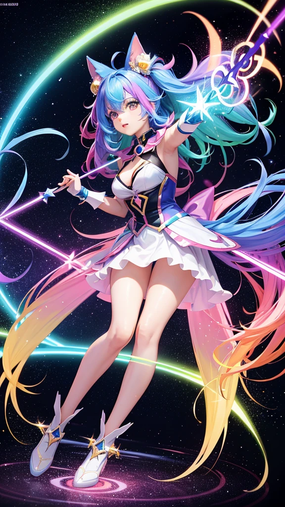 A vibrant anime-style magical girl with rainbow-colored hair, wearing a futuristic costume with glowing accents, wielding a star-shaped wand, surrounded by floating holographic symbols and sparkles