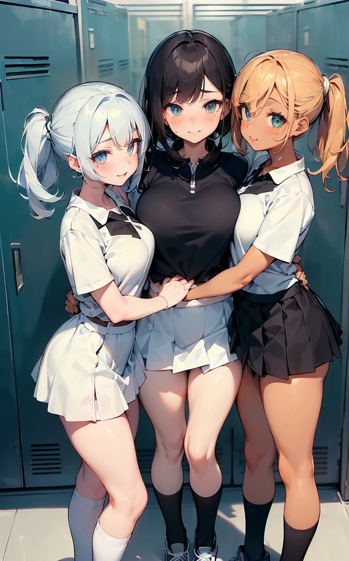 (Cute eyes:1.2), (Sparkling eyes:1.2),(Beautiful Eyes:1.2), Highest quality,wonderful,finely,Highly detailed CG Unity 8k wallpaper, (The three of them hugged each other:1.3),(Caress your:1.5),(Three people of different heights:1.5), (Three Girls, Tennis Player, Skinny body, Dressed), (Huge breasts), (Open your mouth:1.1),(Black knee socks:1.3),(Thighs:1.3),(Waistline:1.2),(Matching white tennis uniforms:1.2),(From behind:1.2),(Beautiful Eyes:1.2),(Different hairstyles),(Senior and Junior:1.3),(All three have different eye colors:1.5),(All three have different skin colors.:1.5),(Thighsまで隠れるニーソックス:1.2),Upper Body,(locker room:1.3),(Love Juice:1.3),(Tennis Wear:1.3)