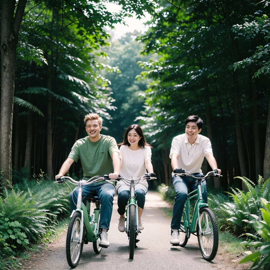 A couple riding a bike in a beautiful forest with lots of plants and greenery, everyone on their own bike, best quality,master part,Ultra high resolution,(真实感:1.4),OriginalPhoto,Cinematic lighting,
1girl,sorrido, black straight hair,ocean,1man, blonde german,greeneyes, wearing casual clothes and sneakers, Grinning