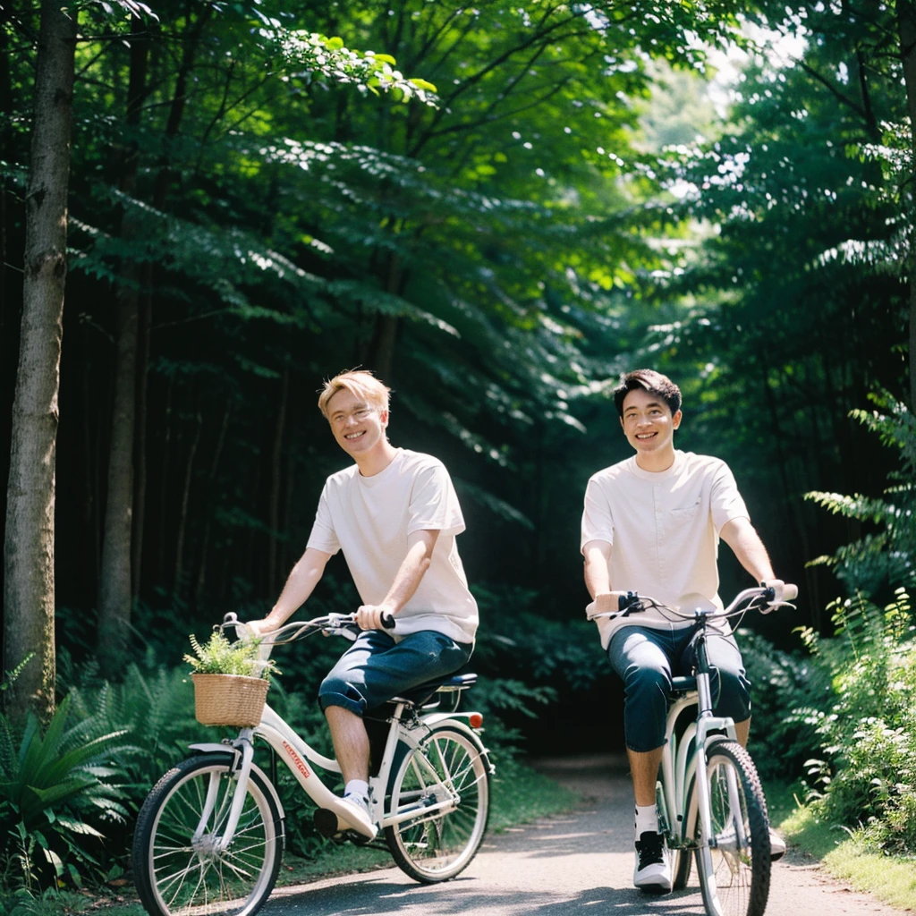 A couple riding a bike in a beautiful forest with lots of plants and greenery, everyone on their own bike, best quality,master part,Ultra high resolution,(真实感:1.4),OriginalPhoto,Cinematic lighting,
1girl,sorrido, black straight hair,ocean,1man, blonde german,greeneyes, wearing casual clothes and sneakers, Grinning