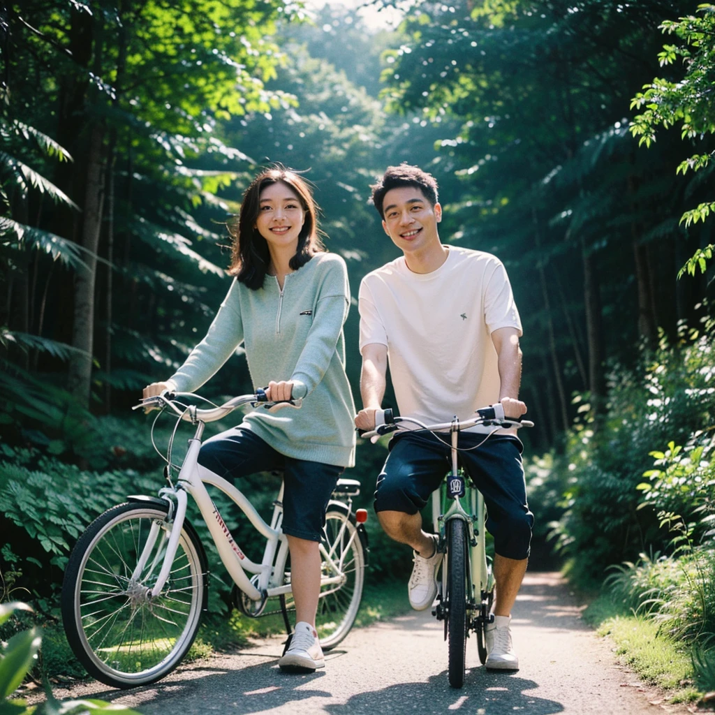 A couple riding a bike in a beautiful forest with lots of plants and greenery, everyone on their own bike, best quality,master part,Ultra high resolution,(真实感:1.4),OriginalPhoto,Cinematic lighting,
1girl,sorrido, black straight hair,ocean,1man, blonde german,greeneyes, wearing casual clothes and sneakers, Grinning