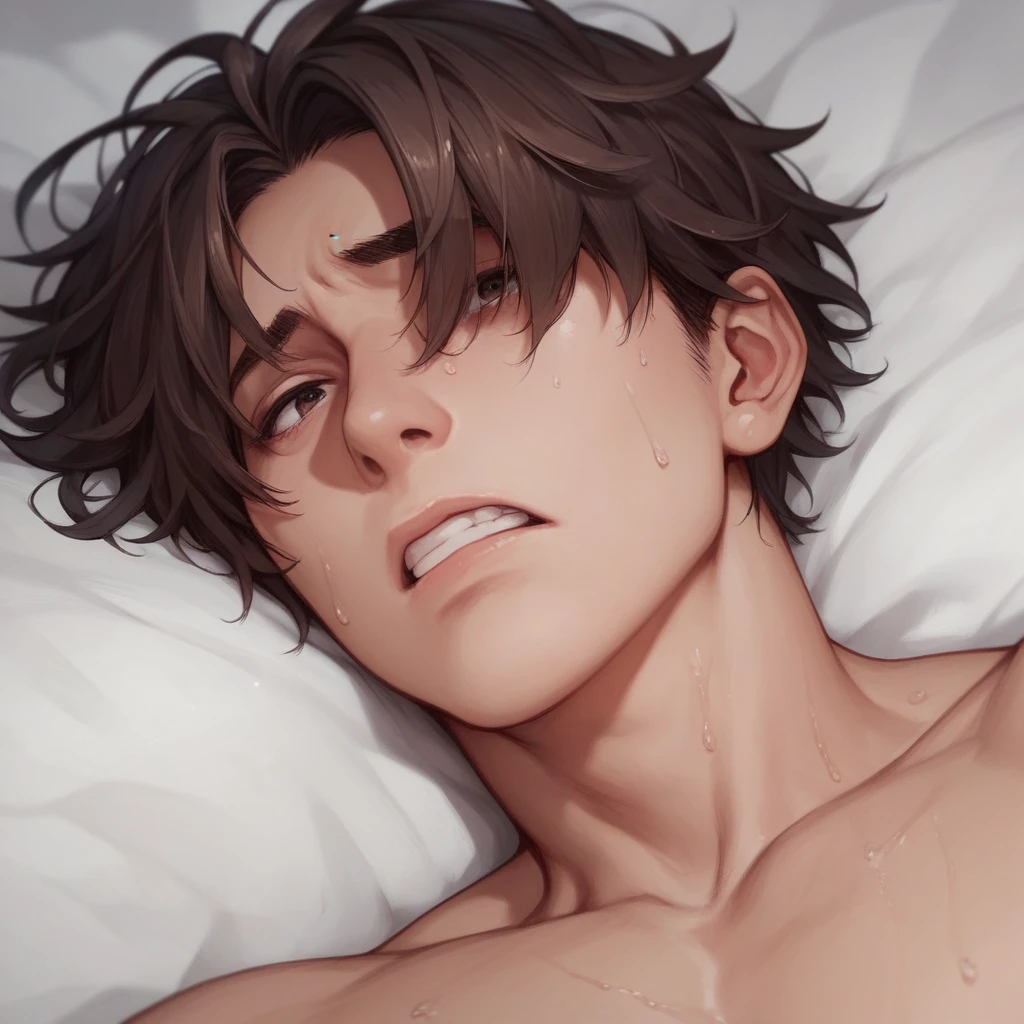 Score_9, score_8, score_7, a human male, brown shaggy hair, hair covering his eyes, clenching his teeth, looking worried, anime sweat symbol on his head, portrait, close up, naked, front view, lying on his back