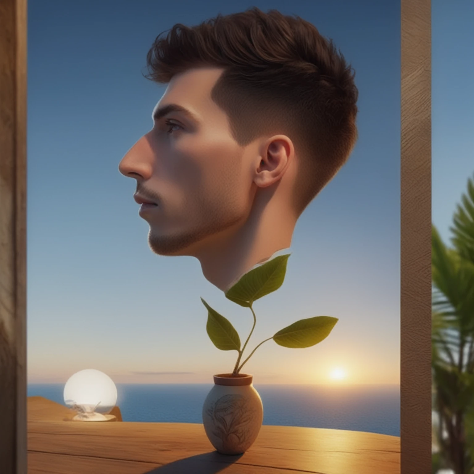 there is a man with a plant in a pot on a table, highly detailed vfx portrait, surrealism portrait, surreal portrait, stylized portrait, 3d portrait, surreal 3d rendering, highly detailed vfx portrait of, high-quality portrait, stylized portrait h 1280, 4k asymmetric portrait, surrealism 8k, soft portrait photographed in 8k, nft portrait