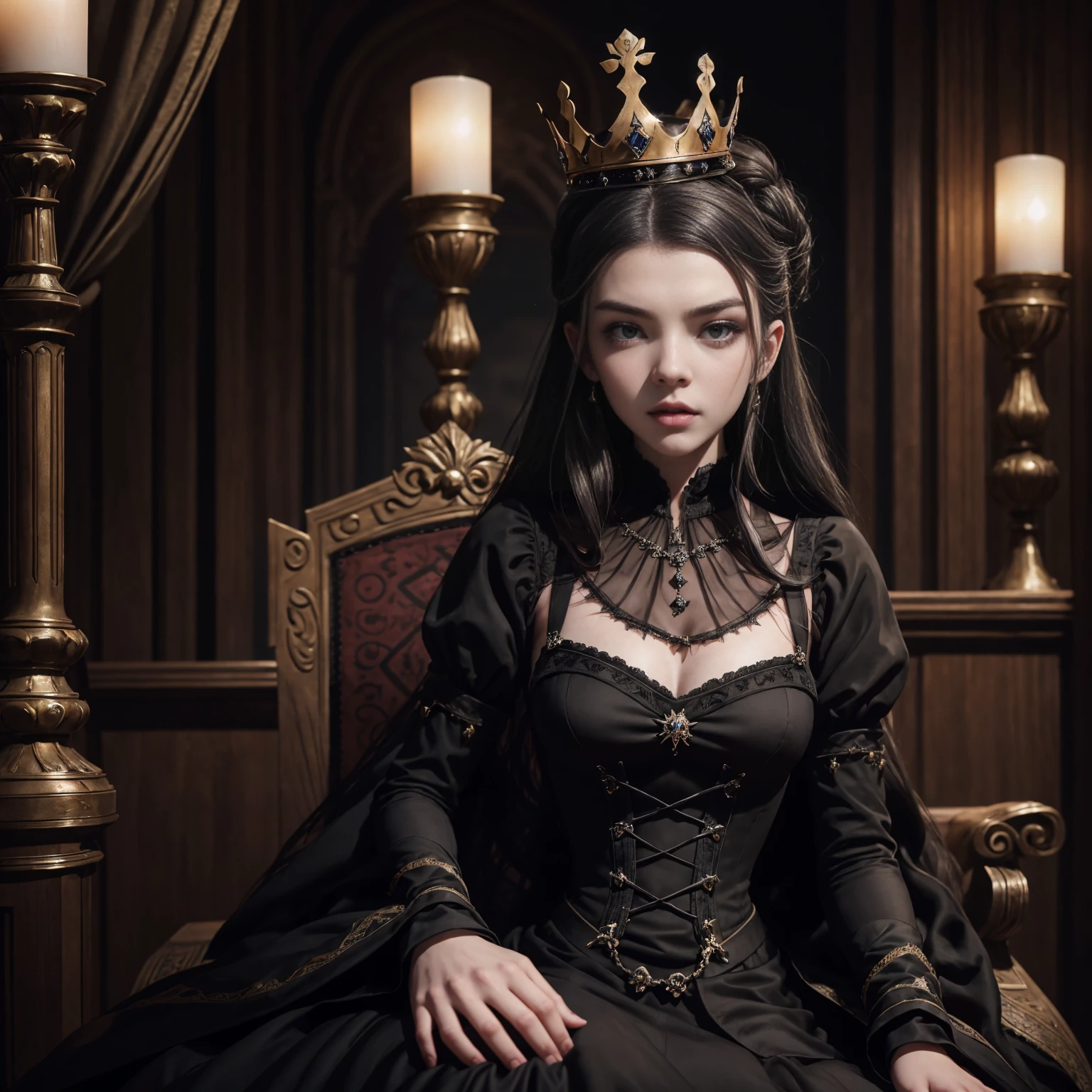 a woman in a black dress with a crown on her head, anya_taylor-joy, anya taylor - joy vampire queen, anya taylor joy, anya taylor-joy, anya taylor - joy, dressed anya taylor - joy, portrait anya taylor-joy, portrait of anya taylor-joy, anya taylor - joy and emma stone, as a medieval fantasy character