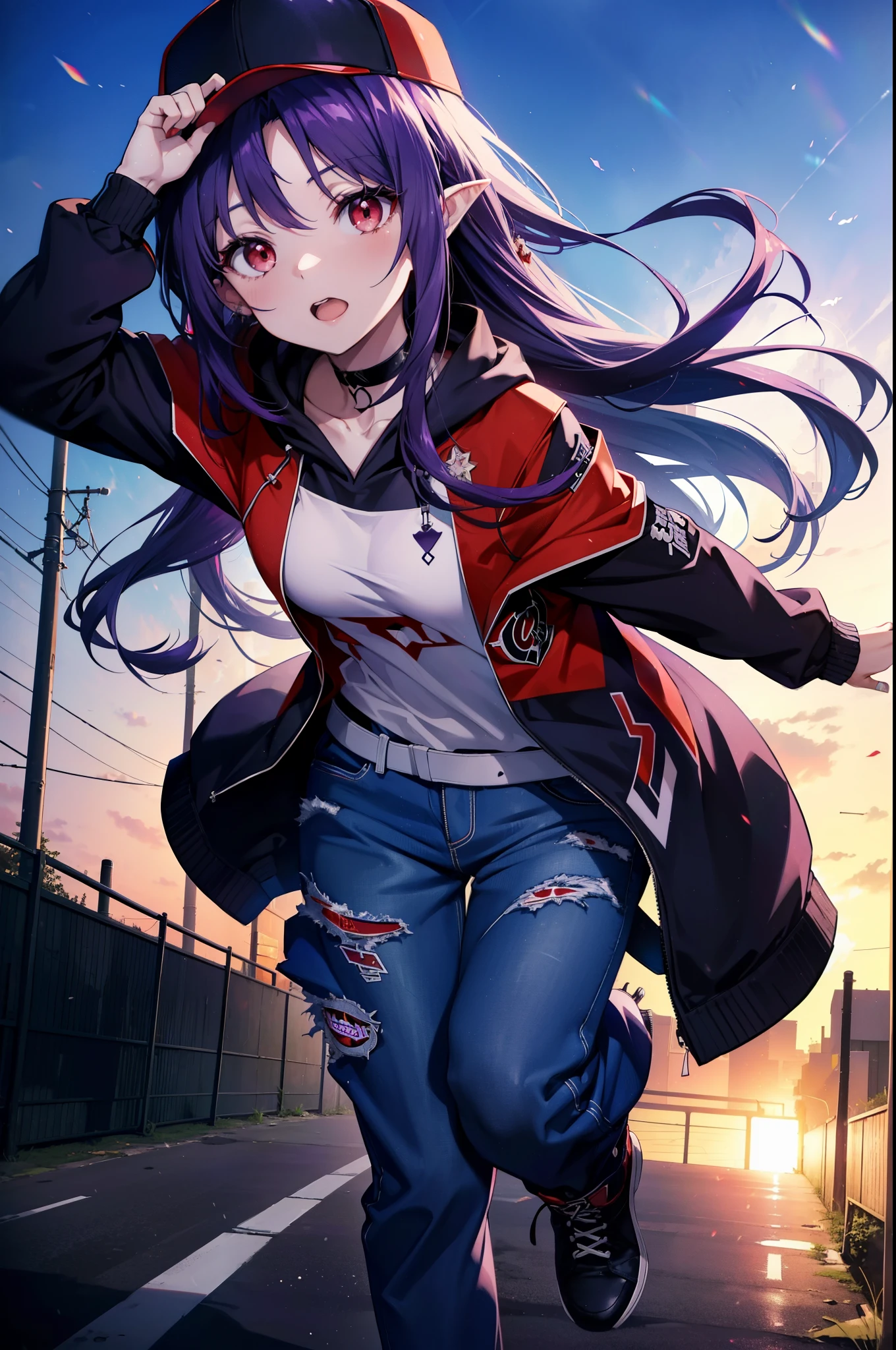 yuukikonno, Konno Yuuki,  Long Hair, Pointed Ears, Purple Hair, (Red eyes:1.5), (Small breasts:1.2), Open your mouth,Baseball hats,Oversized purple hoodie,jeans,Thick hem,boots,Walking,Graffiti wall,Daytime,Clear skies,Both hands are in the pockets of the hoodie、whole bodyがイラストに入るように,
break looking at viewer, whole body,
break outdoors, Alley,
break (masterpiece:1.2), Highest quality, High resolution, unity 8k wallpaper, (figure:0.8), (Beautiful attention to detail:1.6), Highly detailed face, Perfect lighting, Highly detailed CG, (Perfect hands, Perfect Anatomy),