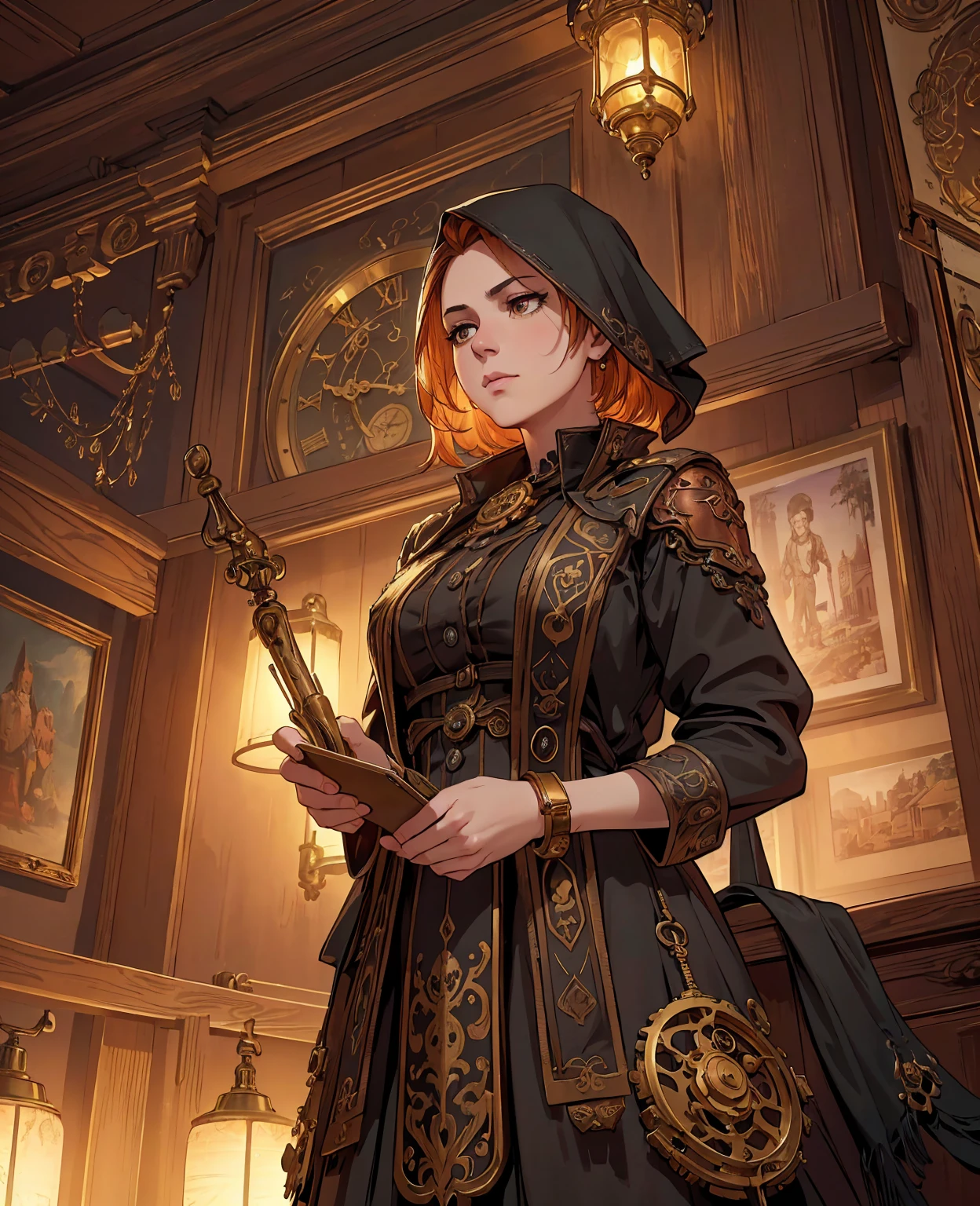 1 analog clock, a crow perched on the clock, intricate gears, brass and copper materials, detailed textures, antique style, warm lighting, cinematic composition, (best quality,4k,8k,highres,masterpiece:1.2),ultra-detailed,(realistic,photorealistic,photo-realistic:1.37),HDR,studio lighting,extreme detail description,vivid colors,concept art
