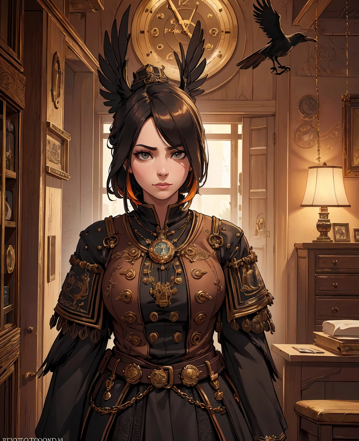 1 analog clock, a crow perched on the clock, intricate gears, brass and copper materials, detailed textures, antique style, warm lighting, cinematic composition, (best quality,4k,8k,highres,masterpiece:1.2),ultra-detailed,(realistic,photorealistic,photo-realistic:1.37),HDR,studio lighting,extreme detail description,vivid colors,concept art