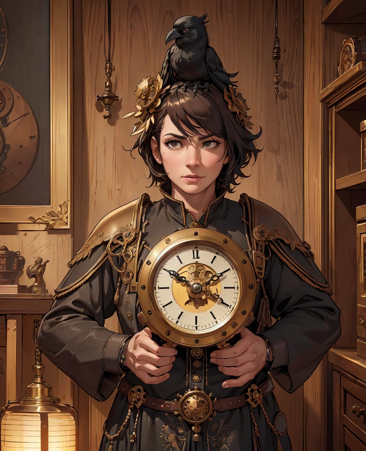 1 analog clock, a crow perched on the clock, intricate gears, brass and copper materials, detailed textures, antique style, warm lighting, cinematic composition, (best quality,4k,8k,highres,masterpiece:1.2),ultra-detailed,(realistic,photorealistic,photo-realistic:1.37),HDR,studio lighting,extreme detail description,vivid colors,concept art