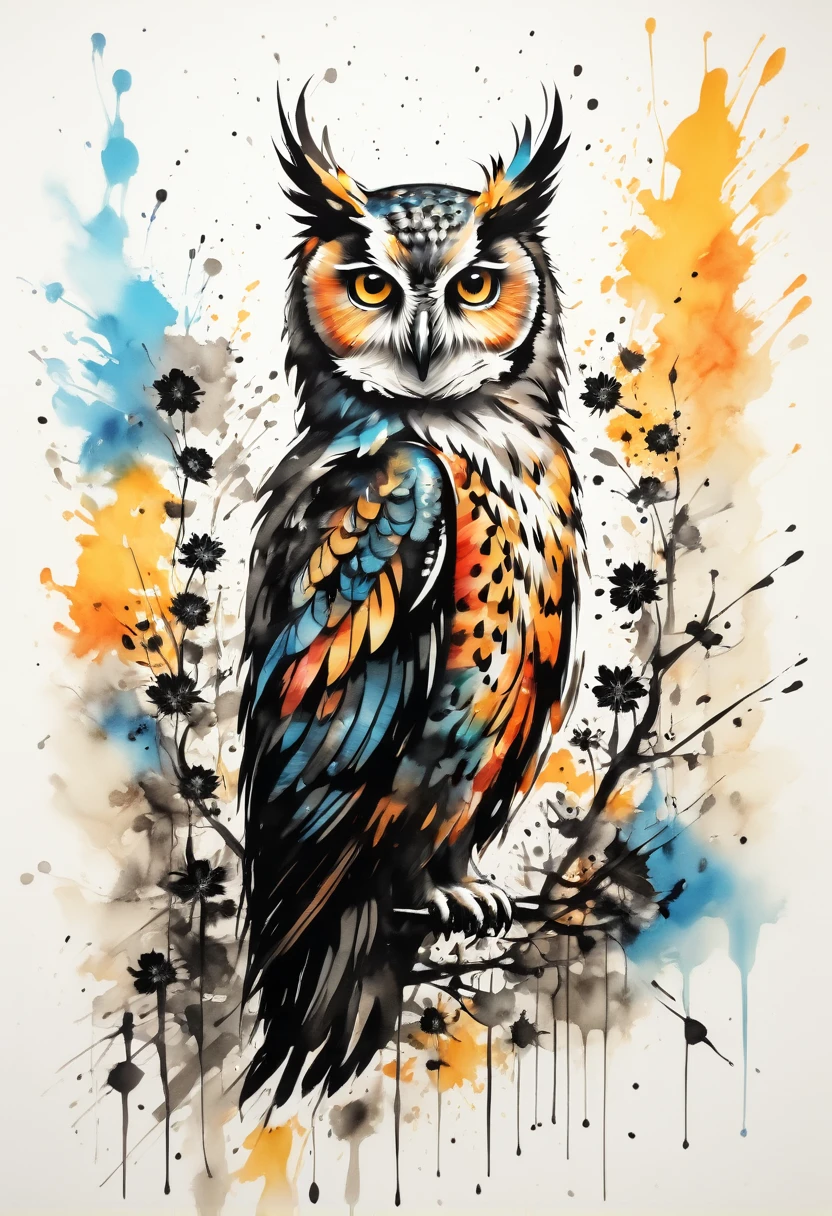 vectorial art, Colorful illustration with an owl, not flower center, swirly vibrant colors，graffiti art，ink spatter，Wild and unbridled，rich and colorful，visual impact,Super detailed modern aesthetic,
