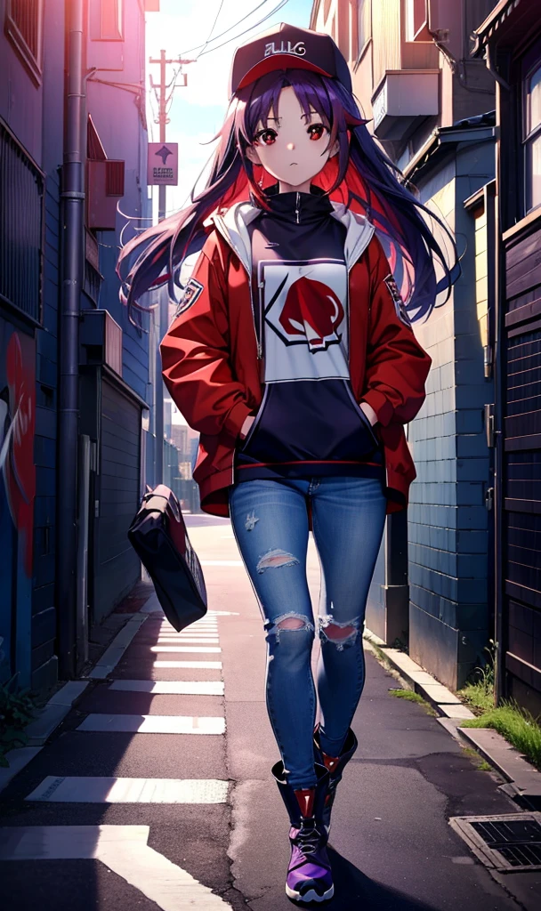 yuukikonno, Konno Yuuki, Long Hair, Pointed Ears, Purple Hair, (Red eyes:1.5), (Small breasts:1.2), Open your mouth,Baseball hats,Oversized purple hoodie,jeans,Thick hem,boots,Walking,Graffiti wall,Daytime,Clear skies,Both hands are in the pockets of the hoodie、whole bodyがイラストに入るように,
break looking at viewer, whole body,
break outdoors, Alley,
break (masterpiece:1.2), Highest quality, High resolution, unity 8k wallpaper, (figure:0.8), (Beautiful attention to detail:1.6), Highly detailed face, Perfect lighting, Highly detailed CG, (Perfect hands, Perfect Anatomy),