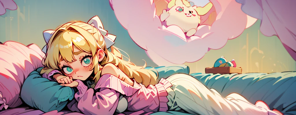 cute, happy, very long blonde hair, bangs, white bow in the back of hair, turquise eyes, big eyes, pink oversized off shoulder sweater, kawaii, comfy, white and pastel pink bedroom, lay down on bed, gamer, adorable, cuteness, shy, blush, closeup, twitter header, cozy, comfy, sleepy