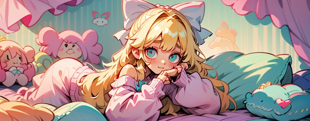 cute, happy, very long blonde hair, bangs, white bow in the back of hair, turquise eyes, big eyes, pink oversized off shoulder sweater, kawaii, comfy, white and pastel pink bedroom, lay down on bed, gamer, adorable, cuteness, shy, blush, closeup, twitter header, cozy, comfy, sleepy