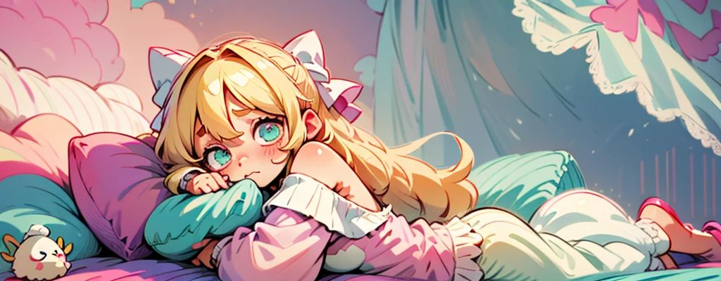 cute, happy, very long blonde hair, bangs, white bow in the back of hair, turquise eyes, big eyes, pink oversized off shoulder sweater, kawaii, comfy, white and pastel pink bedroom, lay down on bed, gamer, adorable, cuteness, shy, blush, closeup, twitter header, cozy, comfy, sleepy