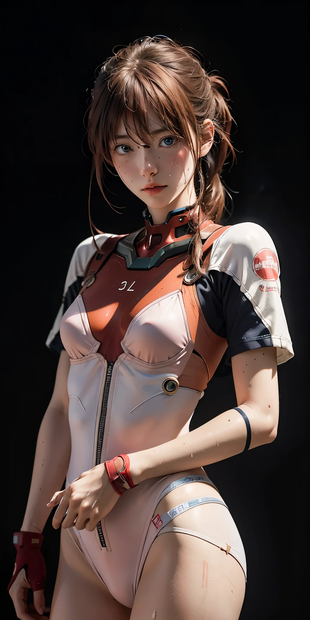 (((Realistic)))picture, masterpiece, highest quality, One Girl, Plump body, highest quality, Pale-skinned, Ryu Asuka Langle, Plug Suit 02, Black background, (Face and eye details:1.1), Earth Eye、Individuality, blush, ((Shy)), Very delicate and beautiful girl, Dynamic Pose,Torn battle uniform、Scraps of clothing、sweating、過度のsweating、Sweaty body、