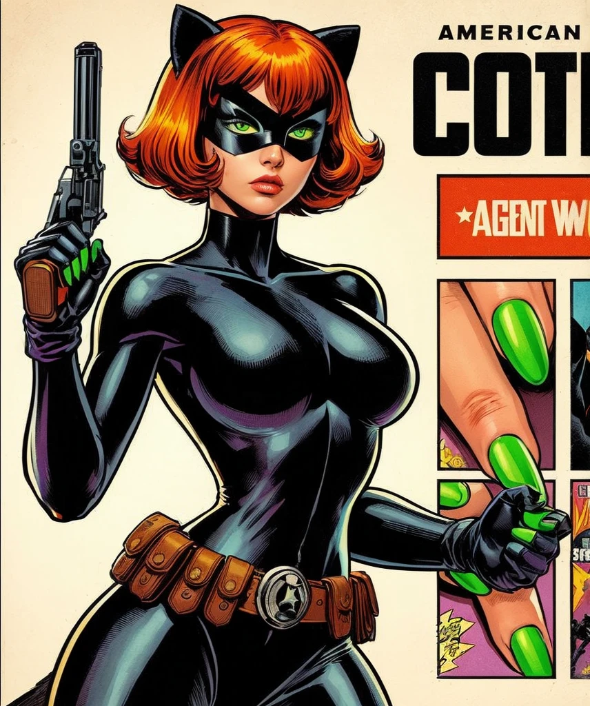 American classic comics: Agent woman, short reddish orange red hair with bangs, cat ears, tight black agent spy outfit, black hero mask, black tight leggings, neon turquoise green nails, martial arts, holding a revolver, secret espionage, black window outfit, feline nails, super secret agent, super hero classic comics.