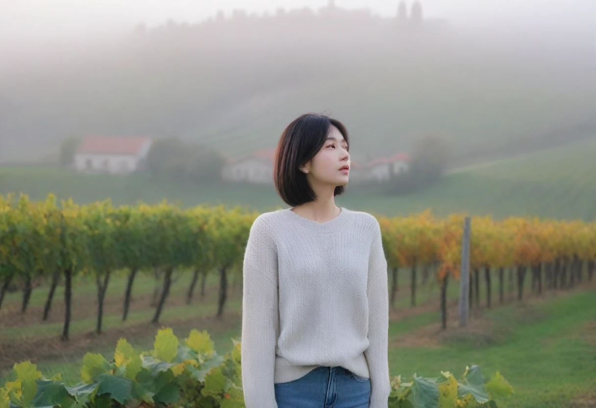 8k best picture quality, Beautiful 36-year-old Korean woman, Chest size 34 inches, The cathedral can be seen through the early morning fog past the vineyards in the Croatian countryside., The back background is realistic and vivid image quality, short and medium hair, Wearing a casual jumper and pants,Perfect and realistic photos, The background is realistic. Full body shot with Canon camera 16-35 wide angle lens, expressionless