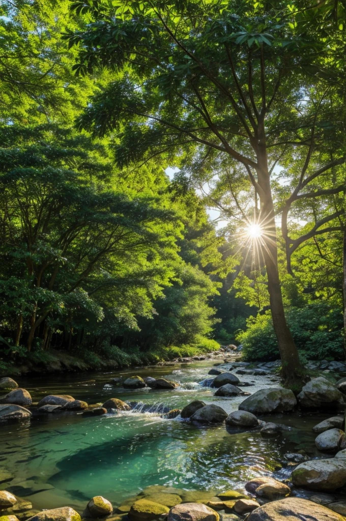 Leafy fruit tree, robust large in the center of the stream, the sun is seen, the waters are crystal clear, so clear that you can see the stones and everything that is inside them, the weather is hot.