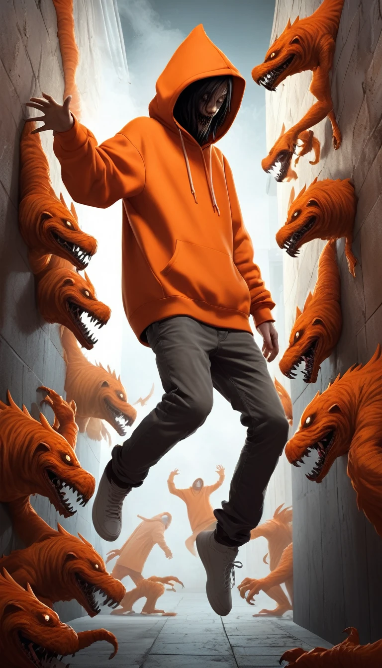 side view, in mid-air falling down, centered, digital illustration, lateral view. walls made of monsters, evil creatures streching hands, wearing orange hoodie, fantasy horror art