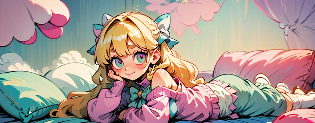 cute, happy, very long blonde hair, bangs, white bow in the back of hair, turquise eyes, big eyes, pink oversized off shoulder sweater, kawaii, comfy, white and pastel pink bedroom, lay down on bed, gamer, adorable, cuteness, shy, blush, closeup, twitter header, cozy, comfy, happy