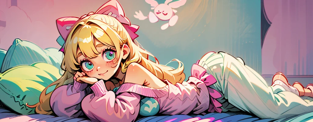 cute, happy, very long blonde hair, bangs, white bow in the back of hair, turquise eyes, big eyes, pink oversized off shoulder sweater, kawaii, comfy, white and pastel pink bedroom, lay down on bed, gamer, adorable, cuteness, shy, blush, closeup, twitter header, cozy, comfy, happy