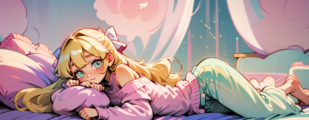 cute, happy, very long blonde hair, bangs, white bow in the back of hair, turquise eyes, big eyes, pink oversized off shoulder sweater, kawaii, comfy, white and pastel pink bedroom, lay down on bed, gamer, adorable, cuteness, shy, blush, closeup, twitter header, cozy, comfy, happy