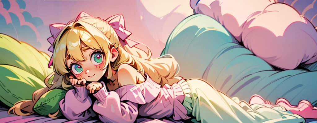 cute, happy, very long blonde hair, bangs, white bow in the back of hair, turquise eyes, big eyes, pink oversized off shoulder sweater, kawaii, comfy, white and pastel pink bedroom, lay down on bed, gamer, adorable, cuteness, shy, blush, closeup, twitter header, cozy, comfy, happy