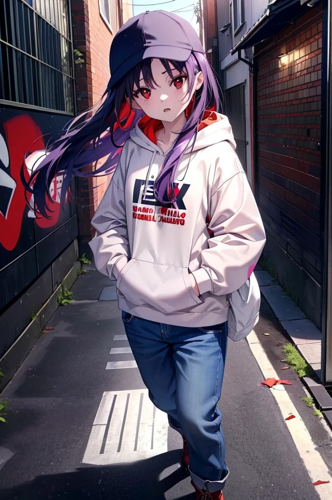 yuukikonno, Konno Yuuki,  Long Hair, Pointed Ears, Purple Hair, (Red eyes:1.5), (Small breasts:1.2), Open your mouth,Baseball hats,Oversized purple hoodie,jeans,Thick hem,boots,Walking,Graffiti wall,Daytime,Clear skies,Both hands are in the pockets of the hoodie、whole bodyがイラストに入るように,
break looking at viewer, whole body,
break outdoors, Alley,
break (masterpiece:1.2), Highest quality, High resolution, unity 8k wallpaper, (figure:0.8), (Beautiful attention to detail:1.6), Highly detailed face, Perfect lighting, Highly detailed CG, (Perfect hands, Perfect Anatomy),