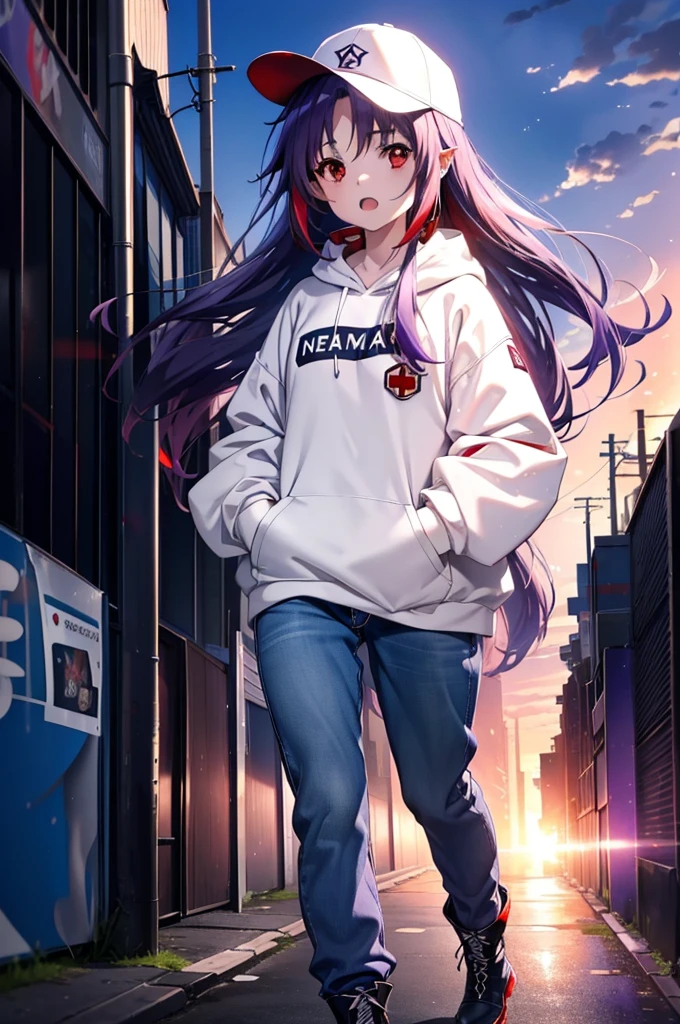yuukikonno, Konno Yuuki,  Long Hair, Pointed Ears, Purple Hair, (Red eyes:1.5), (Small breasts:1.2), Open your mouth,Baseball hats,Oversized purple hoodie,jeans,Thick hem,boots,Walking,Graffiti wall,Daytime,Clear skies,Both hands are in the pockets of the hoodie、whole bodyがイラストに入るように,
break looking at viewer, whole body,
break outdoors, Alley,
break (masterpiece:1.2), Highest quality, High resolution, unity 8k wallpaper, (figure:0.8), (Beautiful attention to detail:1.6), Highly detailed face, Perfect lighting, Highly detailed CG, (Perfect hands, Perfect Anatomy),