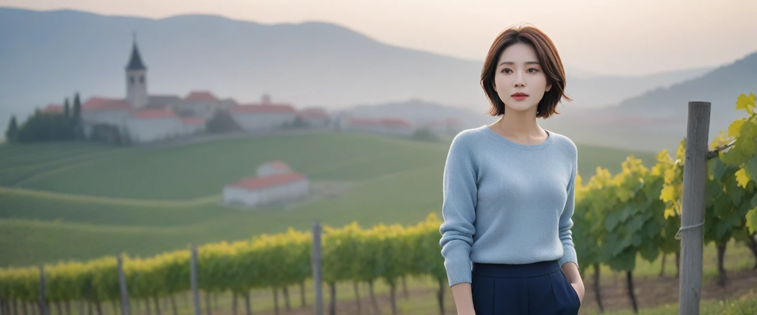 8k best picture quality, Beautiful 36-year-old Korean woman, Chest size 34 inches, The cathedral can be seen through the early morning fog past the vineyards in the Croatian countryside., The back background is realistic and vivid image quality, short and medium hair, Wearing a casual jumper and pants,Perfect and realistic photos, The background is realistic. Full body shot with Canon camera 16-35 wide angle lens, expressionless