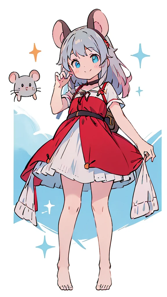 ((masterpiece))((Highest quality))Mouse Ears、Red eye on the left、Blue eyes on the right、girl、smile、blush、Flat Chest、Are thin、、low length、Gray Hair、blush、Are standing、Whole body image、Even your toes are visible、Eye level on face、front、No background、Mouse pose、真frontのアングル、