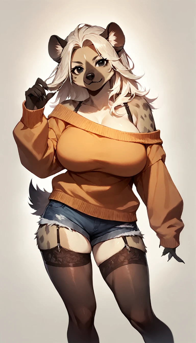 score_9, score_8_up, score_7_up, score_6_up, score_5_up, score_4_up, (solo), female anthro hyena, shorts, off shoulder, sweater, lusty, fluffy body, long blond hair, black eyes, (thick thighs:1.5)((( offering the breasts))) ( she is standing) (barely_visible_booba) , giant breasts, garter belt tights