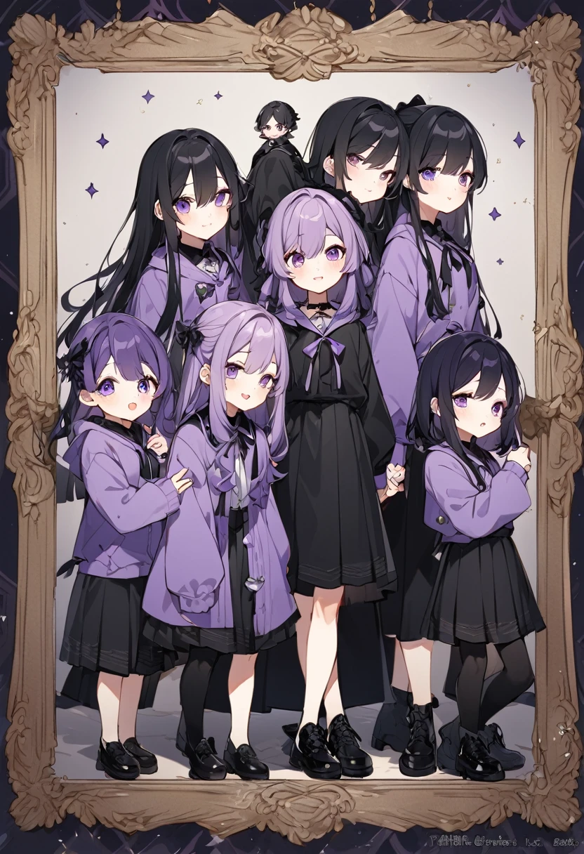 Keito。Purple hoodie。Black Skirt。Purple Eyes。Black Hair。Black shoes下。Black shoes。6 sistery eldest daughter has lavender hair.。all female。Sextuplets