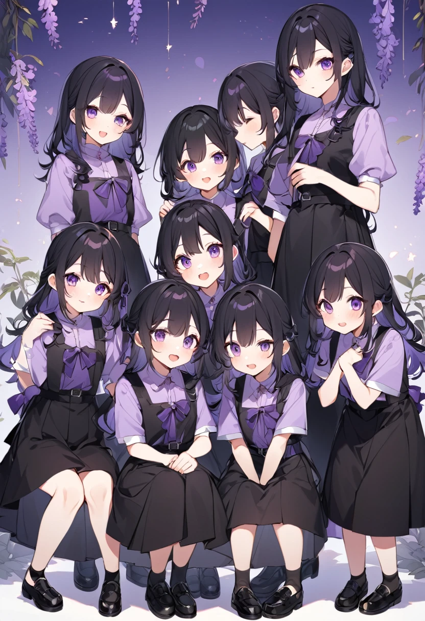 Keito。Purple hoodie。Black Skirt。Purple Eyes。Black Hair。Black shoes下。Black shoes。6 sistery eldest daughter has lavender hair.。all female。Sextuplets