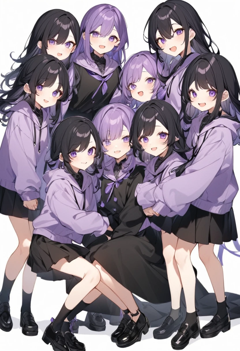 Keito。Purple hoodie。Black Skirt。Purple Eyes。Black Hair。Black shoes下。Black shoes。6 sistery eldest daughter has lavender hair.。all female。Sextuplets