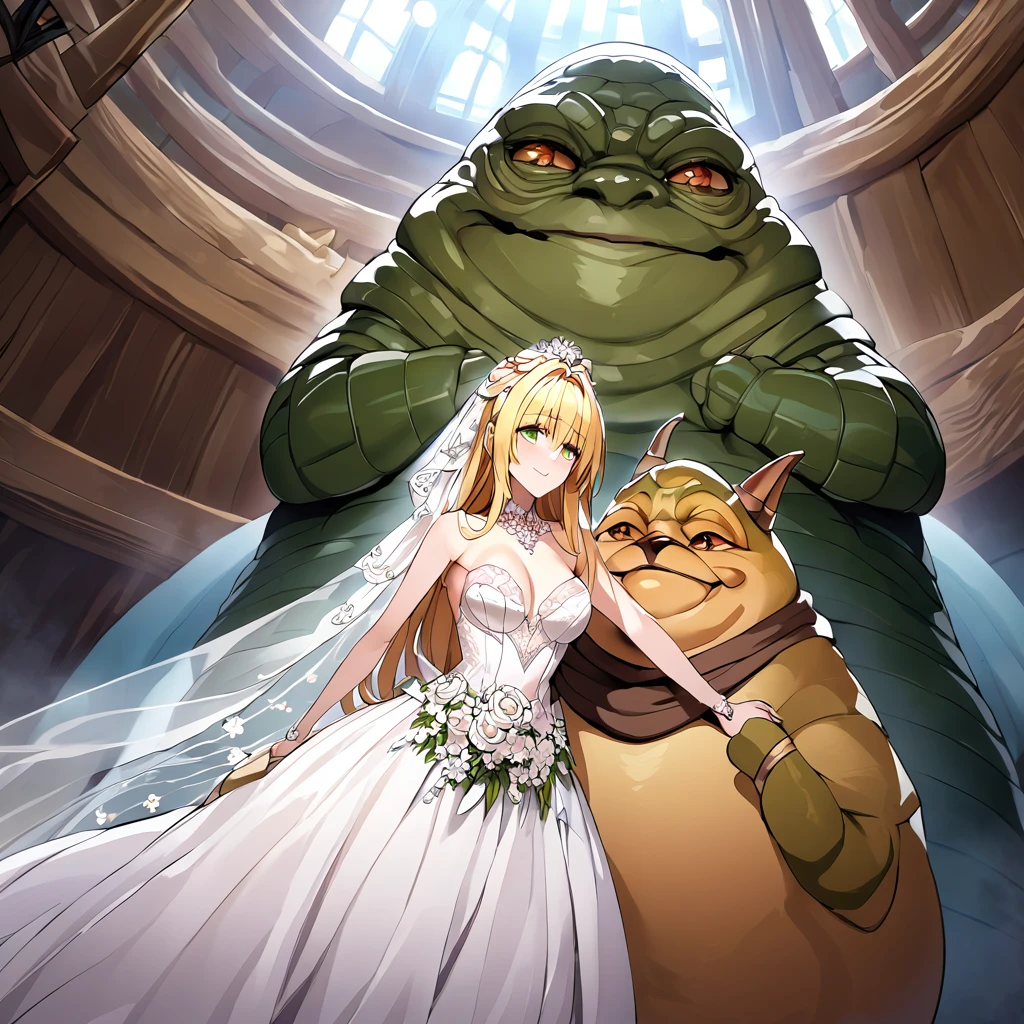 ((Highest quality)), ((masterpiece)), (detailed), （Perfect Face）、The woman is Tiare, with green eyes, medium-length blonde hair, an iron collar, and is wearing a gorgeous, jeweled vintage wedding dress and a vintage wedding veil. The woman is standing next to Jabba the Hutt at his hideout for the wedding.、Jabba the Hutt is holding a woman in his arms and having a wedding、The woman loves Jabba the Hutt and looks at him with a gentle smile.