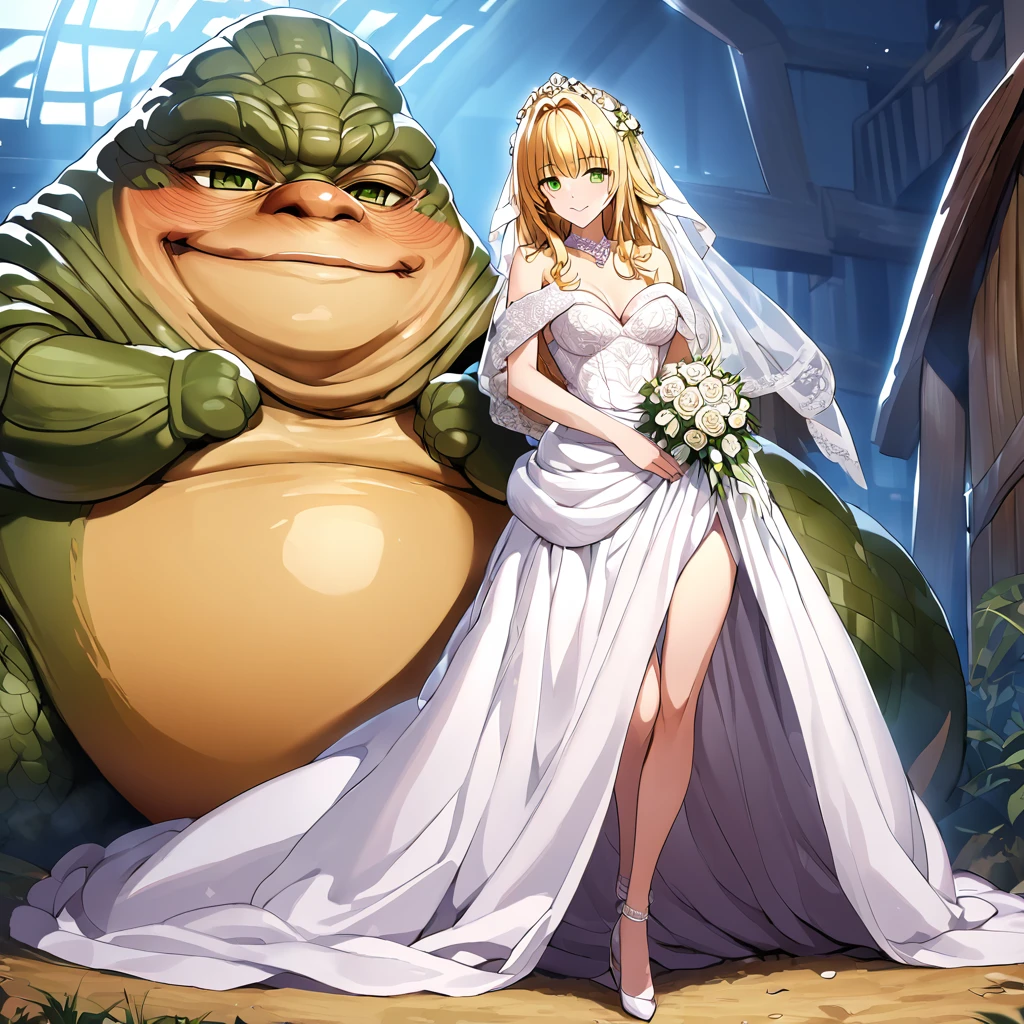 ((Highest quality)), ((masterpiece)), (detailed), （Perfect Face）、The woman is Tiare, with green eyes, medium-length blonde hair, an iron collar, and is wearing a gorgeous, jeweled vintage wedding dress and a vintage wedding veil. The woman is standing next to Jabba the Hutt at his hideout for the wedding.、Jabba the Hutt is holding a woman in his arms and having a wedding、The woman loves Jabba the Hutt and looks at him with a gentle smile.