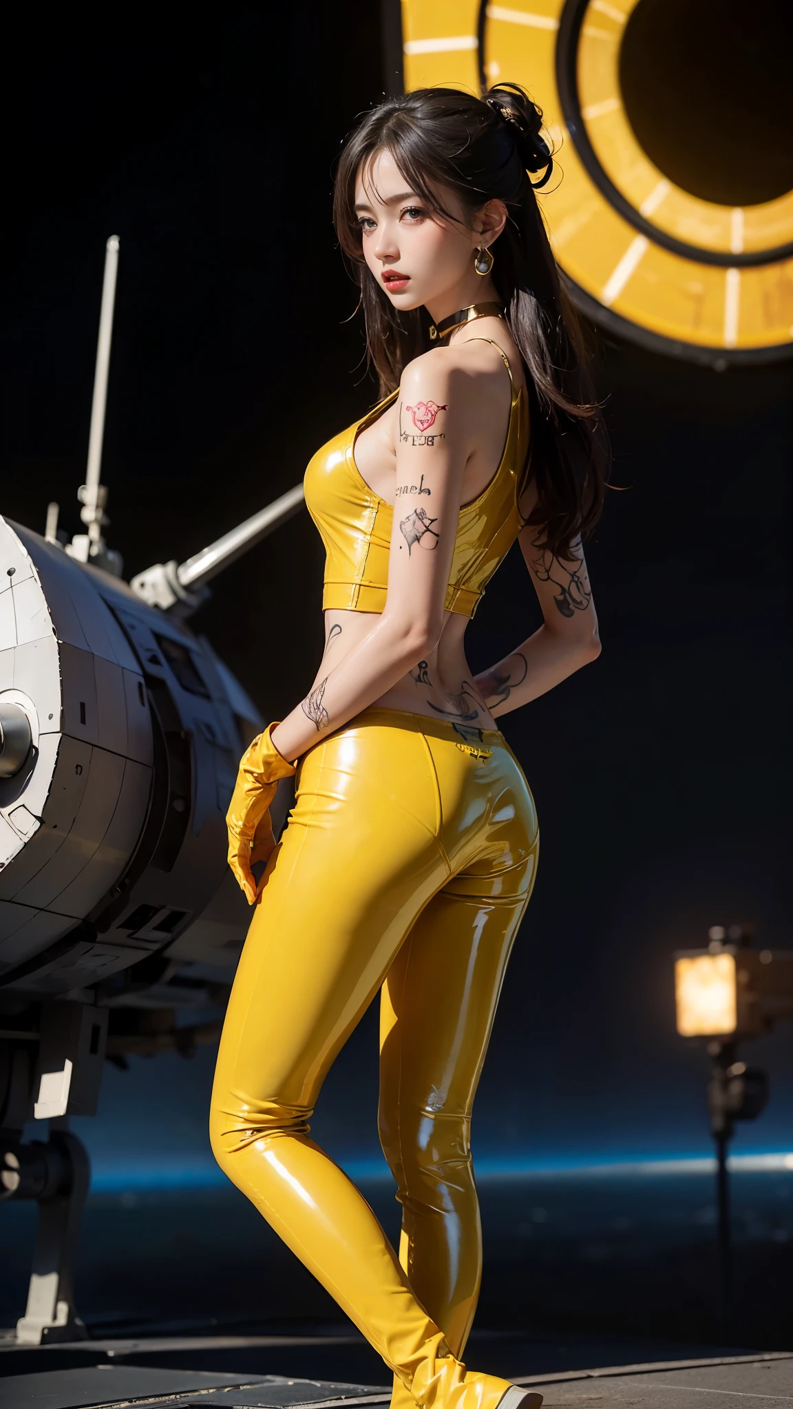 ((masterpiece:1.4)、(Highest quality:1.4)、(Realistic:1.7))、Masterpiece:1.4、(Top-notch rendering:1.4)、(Kaoru, the beautiful navigator of the Space Battleship Fuji:1.4)、Super Beauty航海士Kaoru、(By Luis Royo:1.4)、(A uniform that accentuates your beautiful figure:1.2)、(Futuristic sci-fi battle fashion:1.2)、(Street Style Wear)、(Tight Fit Pants)、(Shiny luxury latex:1.4)、(Luxury yellow latex:1.4)、19 years old、(Cute Tattoos:1.4)、(Wearing yellow gloves)、Cute Girl、Super Beauty、(Seductive pose)、Sharp Focus、Portrait Photography:1.4、8K、Photorealistic images:1.4、(Perfect female body:1.4)、Perfect proportions、(Standing:1.4)、(Upper body shot:1.4)、Beautiful Face、Fearless look、Beautiful Eyes、(A girl with a beautiful body and slender abdominal muscles)、(Narrow waist:1.4)、(9-body proportions beautiful girl:1.4)、(A beautiful girl with long legs and a good figure:1.4)、Beautiful feet:1.4、(Long Hair:1.2)、Heavy makeup、Eyeshadow、Glow Eye、Glow Lip、Beautiful breasts、Large Breasts:1.2、sexy ass、(Standing facing forward:1.4)、Raw photo、Red lips、Yellow high heels:1.4、choker:1.4、necklace:1.4、Earrings:1.4、1 Screen Display:1.4、Space Battleship Fuji&#39;s bridge:1.2