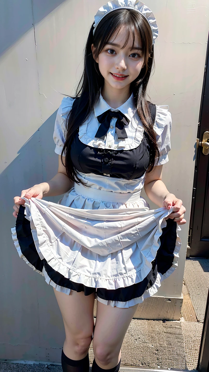(8K、RAW Photos、Highest quality、masterpiece:1.2)、(Realistic、Realistic)、1 Girl、((Maid Costume:1.2、Thin legs、whole body、View from the front、smile、Looking into the camera、Hold your skirt with both hands and show me your black panties))、cute