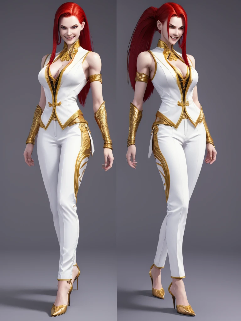 ((best quality)), ((4k)), ((highres)), ((masterpiece:1.2)). ((detailed)), ((ultra realistic)), ((intricate details)), ((full body picture)), ((character design sheet)), ((blank background)), ((standing in a blank background)), solo character, a full body shot of a sexy pale female, inhuman pale skin, pasty white skin, ((vampire pale skin))), ((ghostly pale skin like kratos from god of war)), redhead, ((vivid red hair)), SLEEK braided low ponytail, ((SLEEK braided low ponytail)), thin braid, slicked back hair, sexy and dangerous, evil smile on her face, ((evil smile)), about 30 years old, about 6'0 ft tall, athletic frame, character concept art, female executive, white blazer suit, white dress pants, work pants, white outfit with black details and gold adornments, ((predominantly white outfit)), ((showing cleavage)), gold office heels, ((GOLD HEELS)), fighting game character concept art, tekken character design, the king of fighters character concept