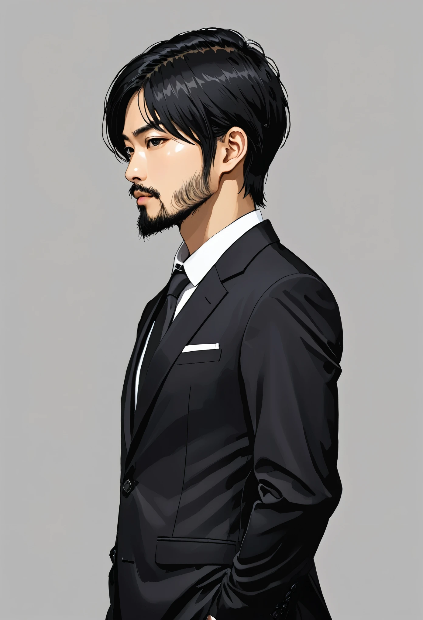 Black Hair、Asian、Black Suit、profile、Upper Body、Simple Background、Beard、all back、male