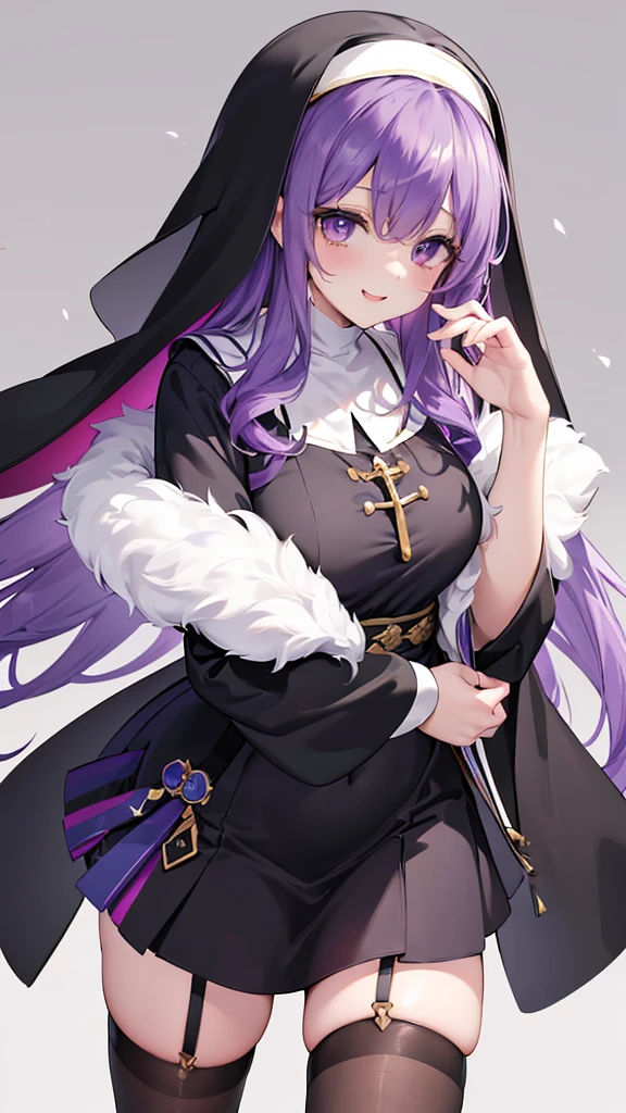 ((Highly detailed CG unit 8k wallpaper、masterpiece、High resolution、Highest quality))、Long Hair、Wavy Hair、Curly Hair、(Beautiful purple haired nun、Wearing a black veil:1.4、Wearing a black monastic uniform:1.4、Wearing black tights:1.4)、((Highly detailed face、Highly detailed black eyes、Both eyes are the same color:1.2、Highly detailed body、Highest qualityのリアルなテクスチャ スキン))、(Purple Hair、Long Hair、De Pere Blanca)、Wide-open eyes、Beautiful Eyes、double eyelid、Double eyelids、Beautiful nose、 (smile:1.2)、 (laughing:1.2)、A big smile、にっこりlaughing、 (The whole body is shown:1.2)、Adult women、２０generation、Active、Cheerful woman、