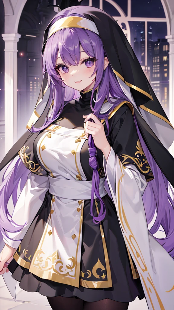 ((Highly detailed CG unit 8k wallpaper、masterpiece、High resolution、Highest quality))、Long Hair、Wavy Hair、Curly Hair、(Beautiful purple haired nun、Wearing a black veil:1.4、Wearing a black monastic uniform:1.4、Wearing black tights:1.4)、((Highly detailed face、Highly detailed black eyes、Both eyes are the same color:1.2、Highly detailed body、Highest qualityのリアルなテクスチャ スキン))、(Purple Hair、Long Hair、De Pere Blanca)、Wide-open eyes、Beautiful Eyes、double eyelid、Double eyelids、Beautiful nose、 (smile:1.2)、 (laughing:1.2)、A big smile、にっこりlaughing、 (The whole body is shown:1.2)、Adult women、20generation、Active、Cheerful woman、