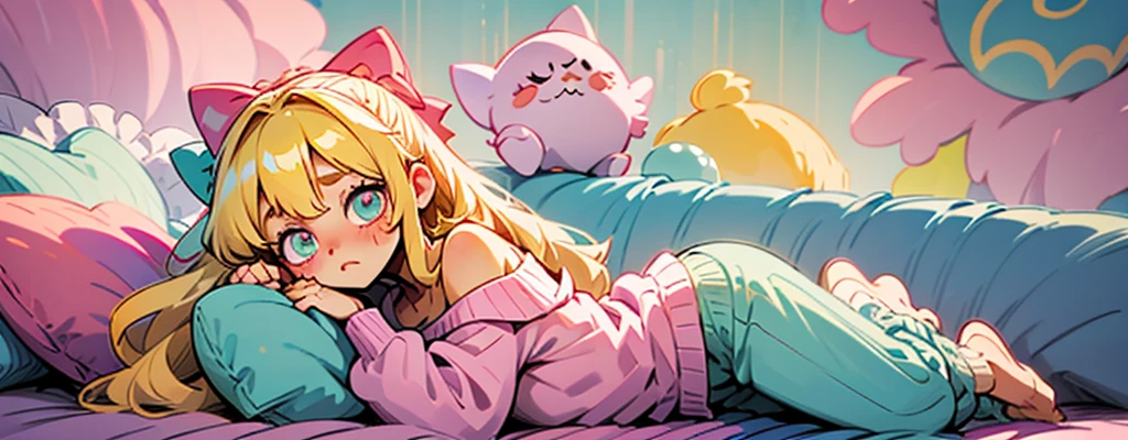 cute, happy, very long blonde hair, bangs, white bow in the back of hair, turquise eyes, big eyes, pink oversized off shoulder sweater, kawaii, comfy, white and pastel pink bedroom, lay down on bed, gamer, adorable, cuteness, shy, blush, closeup, twitter header, cozy, comfy, sleepy, long sleeves, no pants, only a big sweater that covers everything