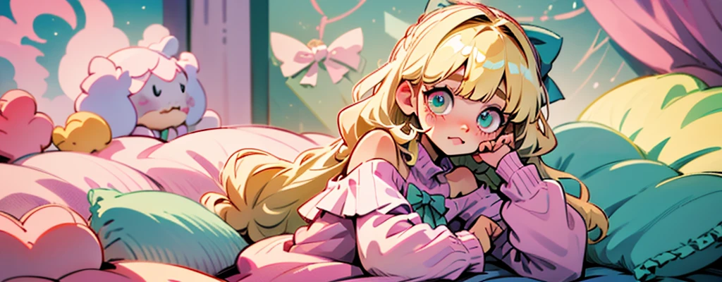 cute, happy, very long blonde hair, bangs, white bow in the back of hair, turquise eyes, big eyes, pink oversized off shoulder sweater, kawaii, comfy, white and pastel pink bedroom, lay down on bed, gamer, adorable, cuteness, shy, blush, closeup, twitter header, cozy, comfy, sleepy, long sleeves, no pants, only a big sweater that covers everything