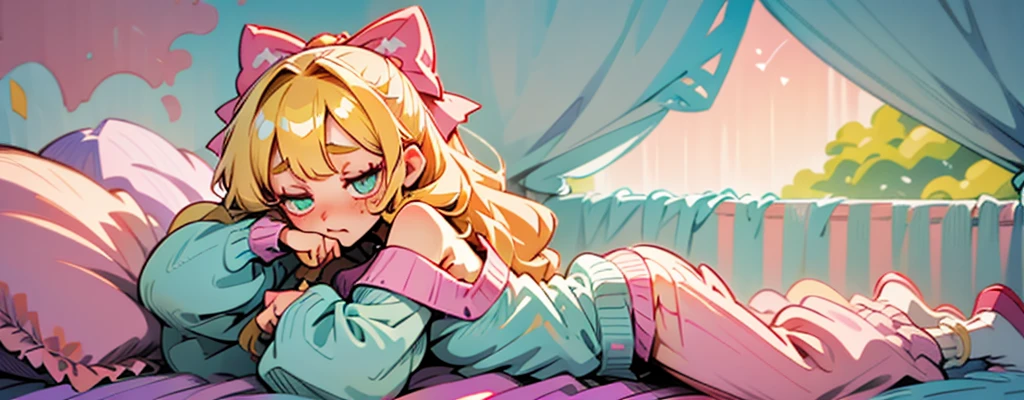 cute, happy, very long blonde hair, bangs, white bow in the back of hair, turquise eyes, big eyes, pink oversized off shoulder sweater, kawaii, comfy, white and pastel pink bedroom, lay down on bed, gamer, adorable, cuteness, shy, blush, closeup, twitter header, cozy, comfy, sleepy, long sleeves, no pants, only a big sweater that covers everything