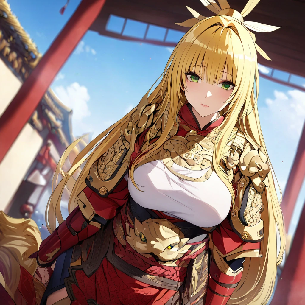 ((Highest quality)), ((masterpiece)), (detailed), (Perfect Face)、The woman is Tiare, with green eyes and medium-long blonde hair.、The woman is a warrior wearing beautiful Chinese armor.